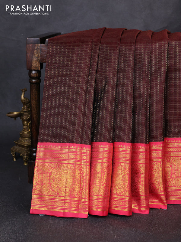 Pure kanchipuram silk saree coffee brown and peach pink with allover zari checks & buttas and long zari woven korvai border