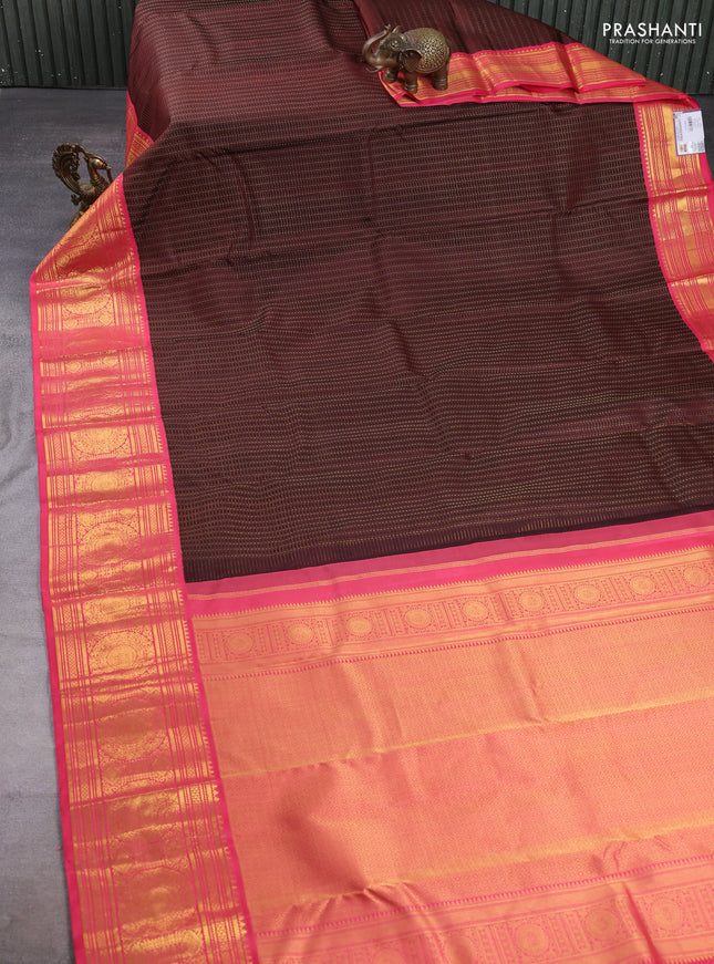 Pure kanchipuram silk saree coffee brown and peach pink with allover zari checks & buttas and long zari woven korvai border