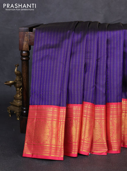 Pure kanchipuram silk saree blue and peach pink with allover zari checks & buttas and long zari woven korvai border
