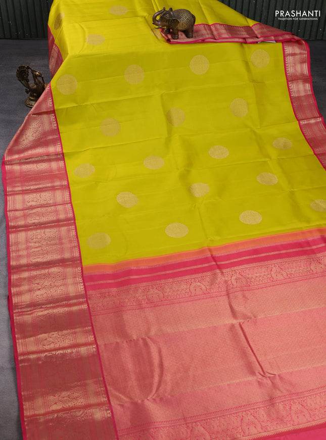 Pure kanchipuram silk saree lime yellow and peach pink with allover rudraksha zari woven buttas and long zari woven border