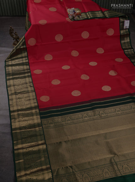 Pure kanchipuram silk saree maroon and bottle green with allover rudraksha zari woven buttas and long zari woven border