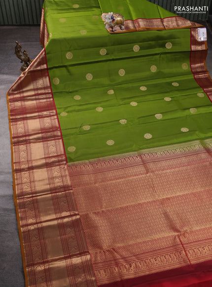 Pure kanchipuram silk saree light green and maroon with zari woven buttas and long zari woven border