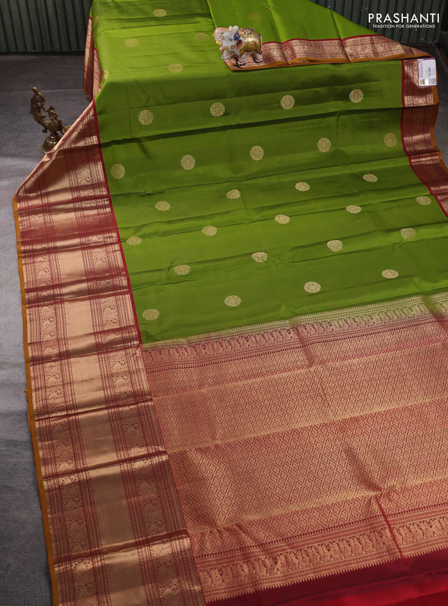 Pure kanchipuram silk saree light green and maroon with zari woven buttas and long zari woven border