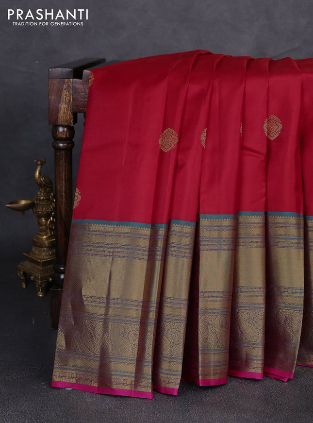 Pure kanchipuram silk saree maroon and teal blue with zari woven buttas and long rich zari woven border