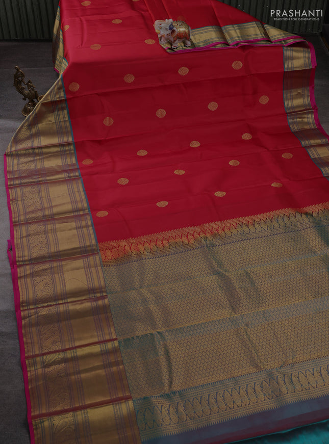 Pure kanchipuram silk saree maroon and teal blue with zari woven buttas and long rich zari woven border