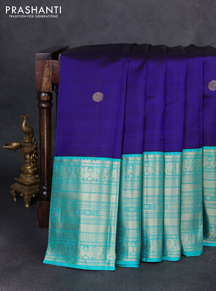 Pure kanchipuram silk saree blue and teal green with zari woven buttas and long zari woven border