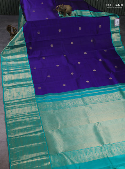 Pure kanchipuram silk saree blue and teal green with zari woven buttas and long zari woven border