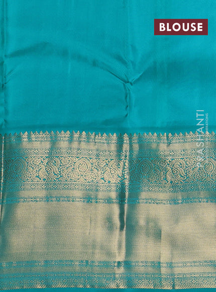 Pure kanchipuram silk saree yellow and teal green with zari woven buttas and long rich zari woven border
