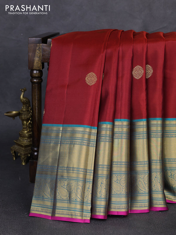 Pure kanchipuram silk saree maroon and pink with zari woven buttas and long rich zari woven border