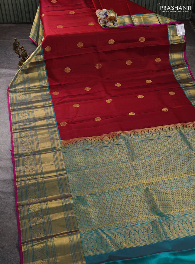 Pure kanchipuram silk saree maroon and pink with zari woven buttas and long rich zari woven border