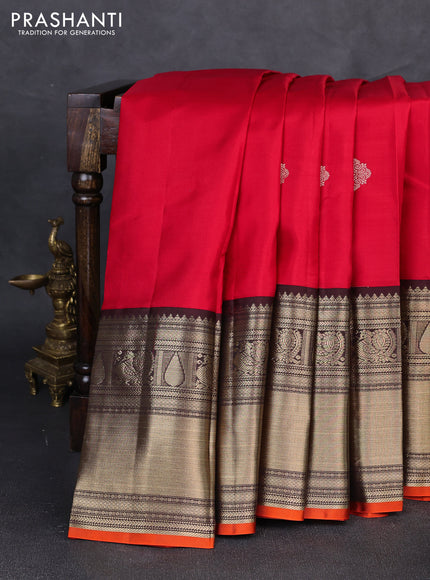 Pure kanchipuram silk saree red and coffee brown with zari woven buttas and long rich zari woven border