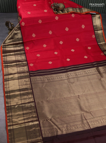 Pure kanchipuram silk saree red and coffee brown with zari woven buttas and long rich zari woven border