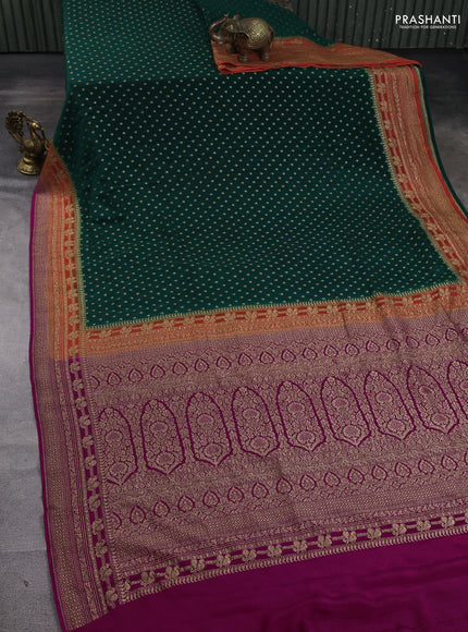 Banarasi crepe saree green and pink with allover thread & zari woven buttas and woven border