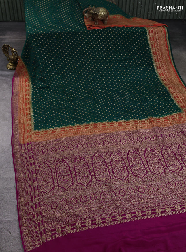 Banarasi crepe saree green and pink with allover thread & zari woven buttas and woven border