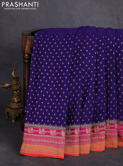 Banarasi crepe saree blue and orange with allover thread & zari woven buttas and woven border
