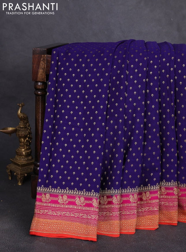 Banarasi crepe saree blue and orange with allover thread & zari woven buttas and woven border