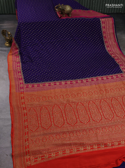 Banarasi crepe saree blue and orange with allover thread & zari woven buttas and woven border