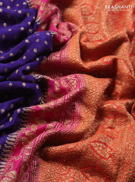Banarasi crepe saree blue and orange with allover thread & zari woven buttas and woven border