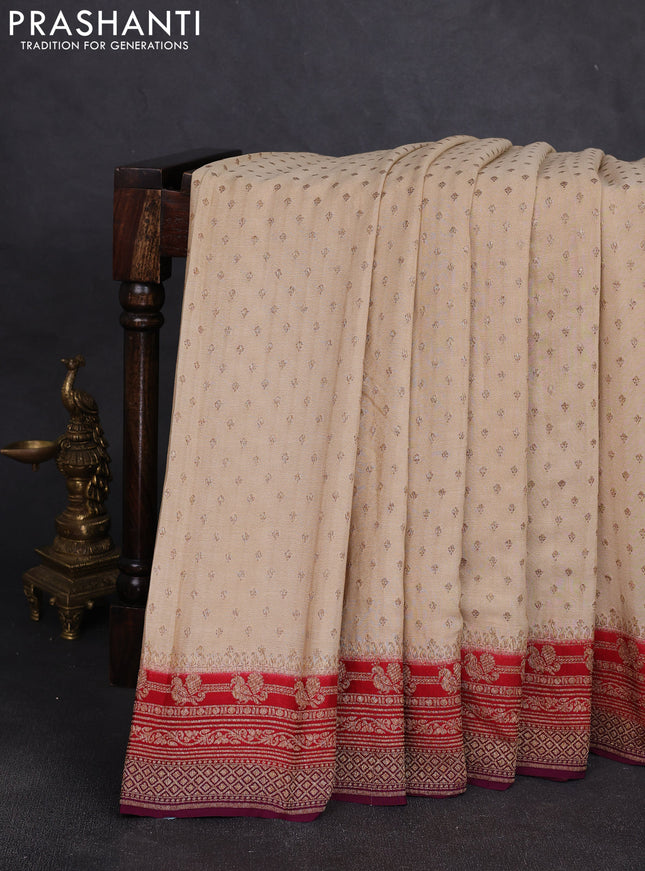 Banarasi crepe saree beige and purple with allover thread & zari woven buttas and woven border