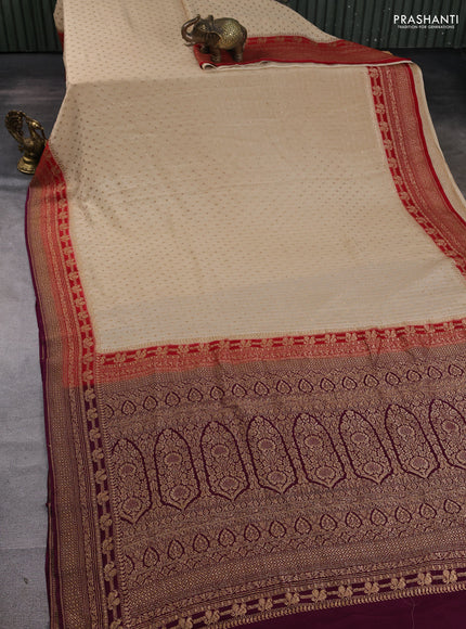 Banarasi crepe saree beige and purple with allover thread & zari woven buttas and woven border