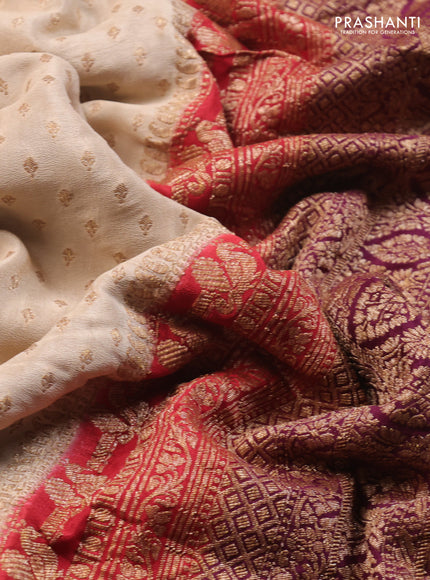 Banarasi crepe saree beige and purple with allover thread & zari woven buttas and woven border