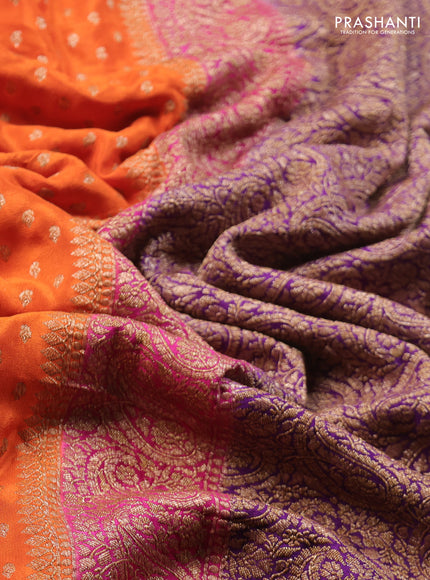 Banarasi crepe saree orange and purple with allover thread & zari woven buttas and woven border
