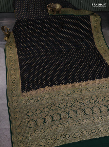 Banarasi crepe saree black and green with allover thread & zari woven buttas and woven border