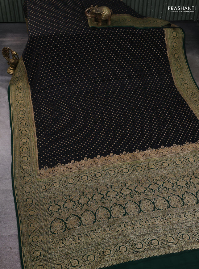 Banarasi crepe saree black and green with allover thread & zari woven buttas and woven border