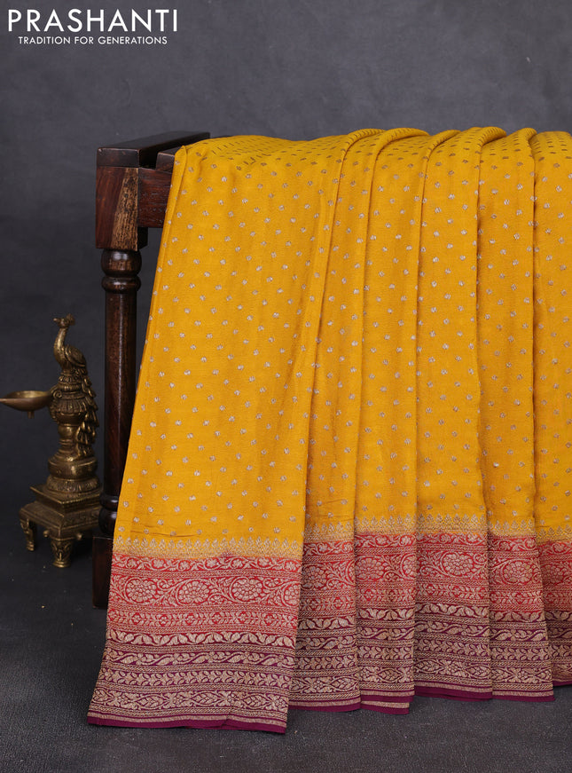 Banarasi crepe saree mustard yellow and purple with allover thread & zari woven buttas and woven border