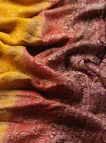 Banarasi crepe saree mustard yellow and purple with allover thread & zari woven buttas and woven border