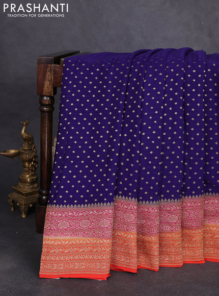 Banarasi crepe saree blue and orange with allover thread & zari woven buttas and woven border