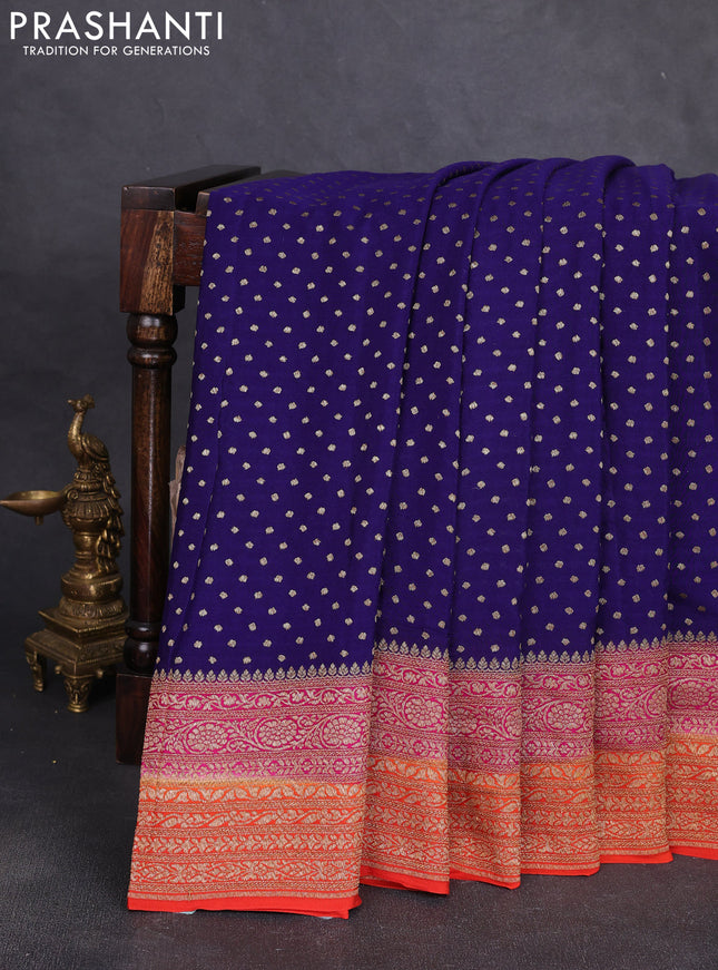Banarasi crepe saree blue and orange with allover thread & zari woven buttas and woven border