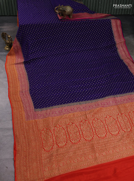 Banarasi crepe saree blue and orange with allover thread & zari woven buttas and woven border