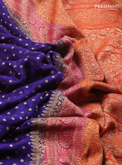 Banarasi crepe saree blue and orange with allover thread & zari woven buttas and woven border
