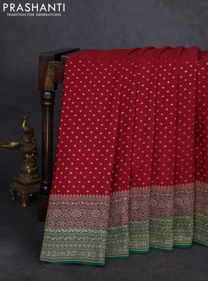 Banarasi crepe saree red and green with allover thread & zari woven buttas and woven border