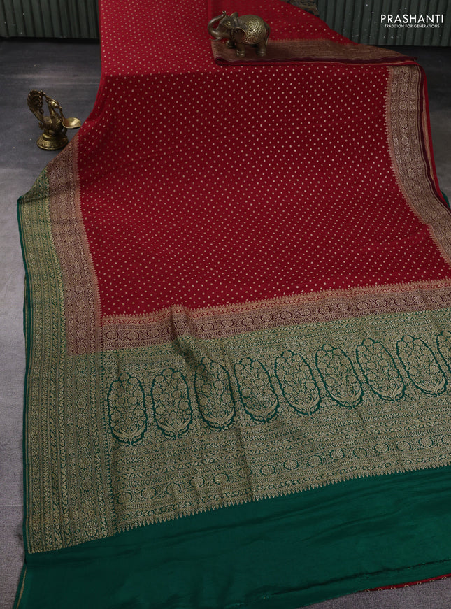 Banarasi crepe saree red and green with allover thread & zari woven buttas and woven border