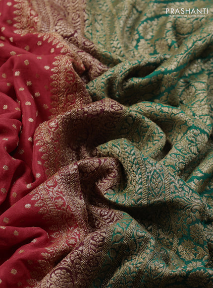 Banarasi crepe saree red and green with allover thread & zari woven buttas and woven border