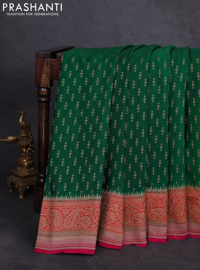 Banarasi crepe saree green and orange with allover thread & zari woven buttas and woven border