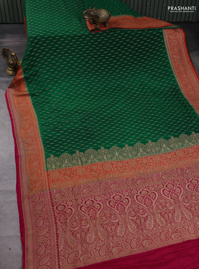 Banarasi crepe saree green and orange with allover thread & zari woven buttas and woven border