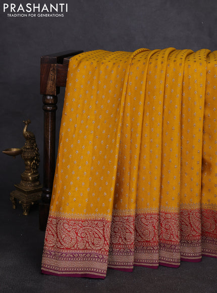 Banarasi crepe saree mustard yellow and purple with allover thread & zari woven buttas and woven border