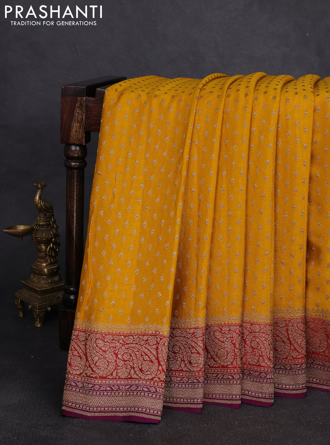Banarasi crepe saree mustard yellow and purple with allover thread & zari woven buttas and woven border