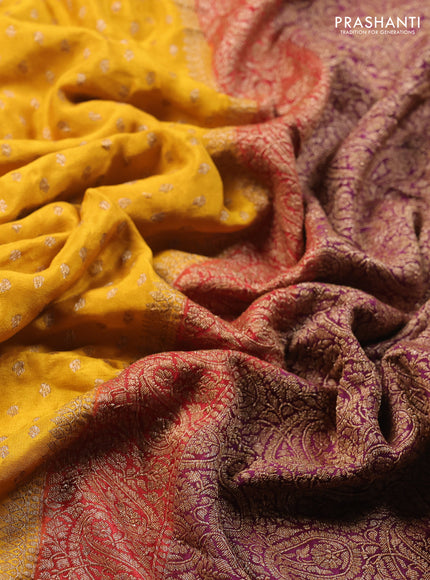 Banarasi crepe saree mustard yellow and purple with allover thread & zari woven buttas and woven border