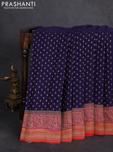 Banarasi crepe saree dark blue and pink & orange with allover thread & zari woven buttas and woven border