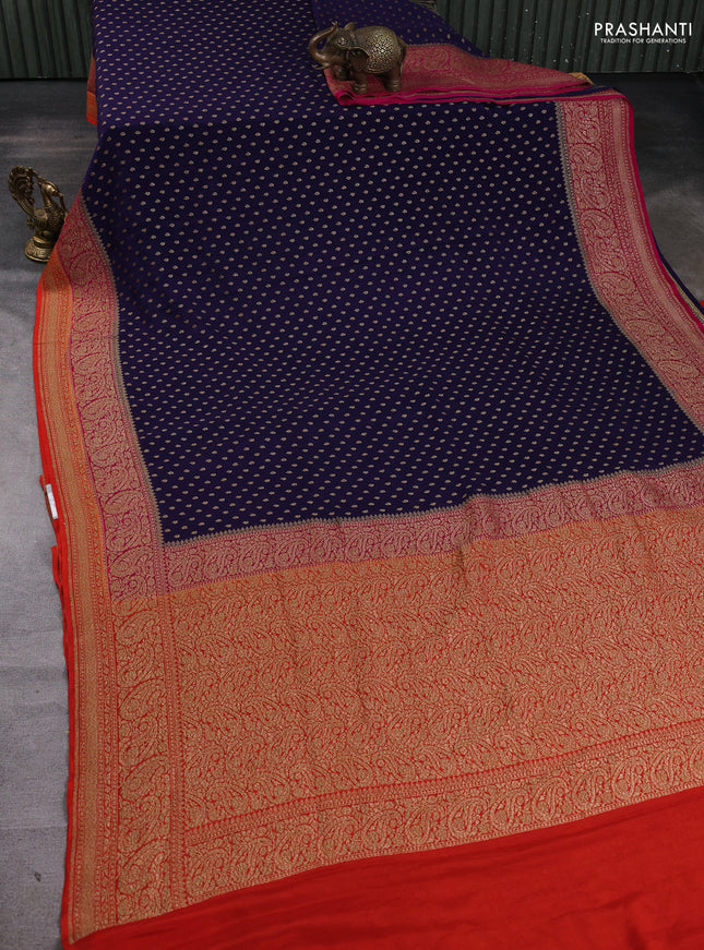 Banarasi crepe saree dark blue and pink & orange with allover thread & zari woven buttas and woven border