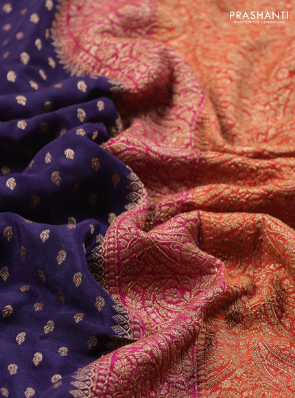 Banarasi crepe saree dark blue and pink & orange with allover thread & zari woven buttas and woven border