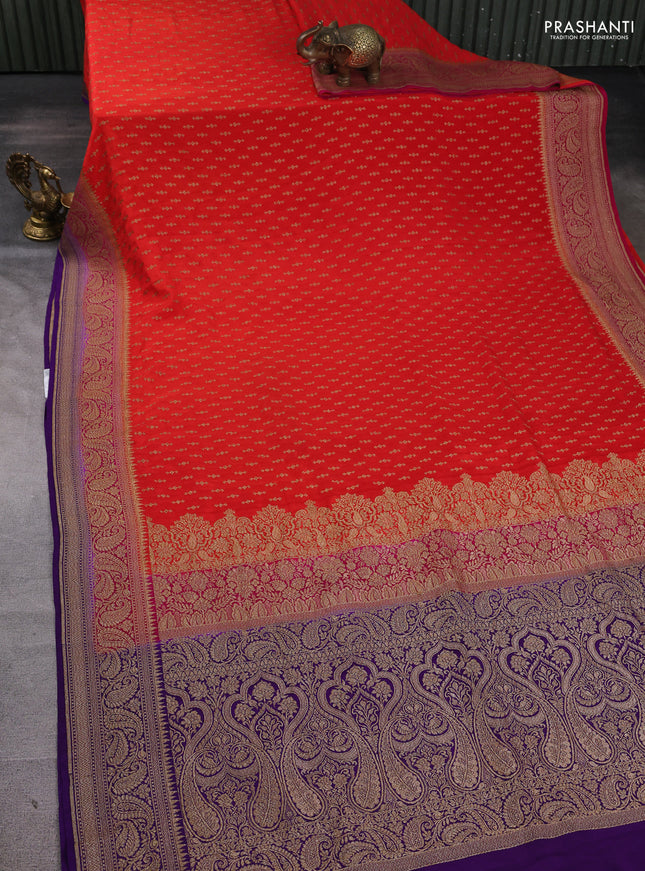 Banarasi crepe saree orange and violet with allover thread & zari woven buttas and woven border