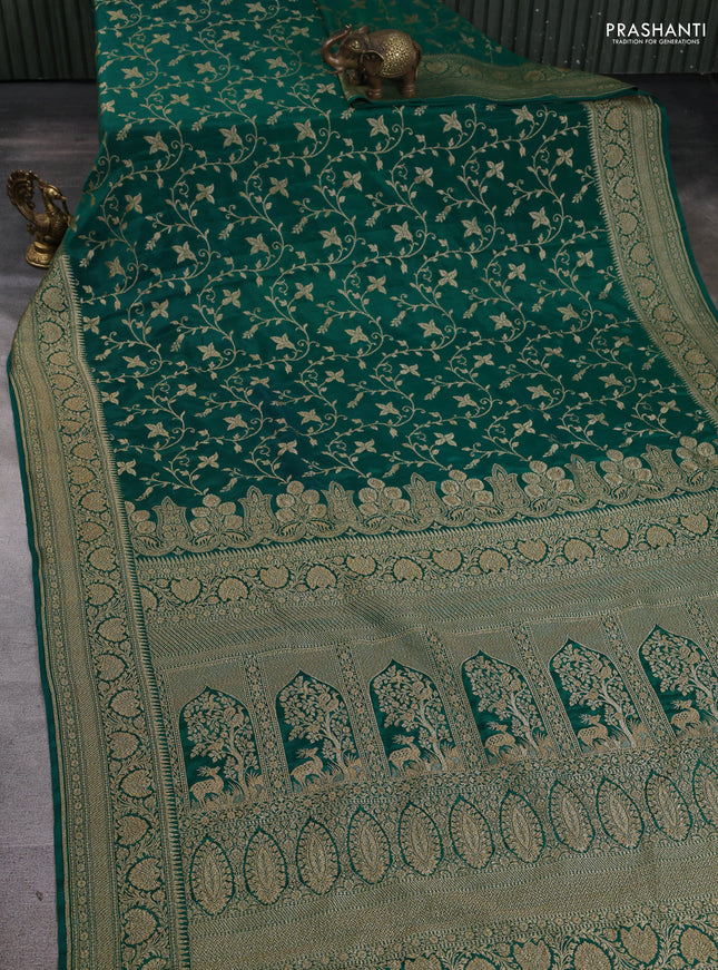 Banarasi crepe saree green with allover thread & zari woven floral weaves and woven border