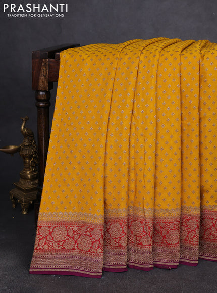 Banarasi crepe saree mustard yellow and purple with allover thread & zari woven buttas and woven border