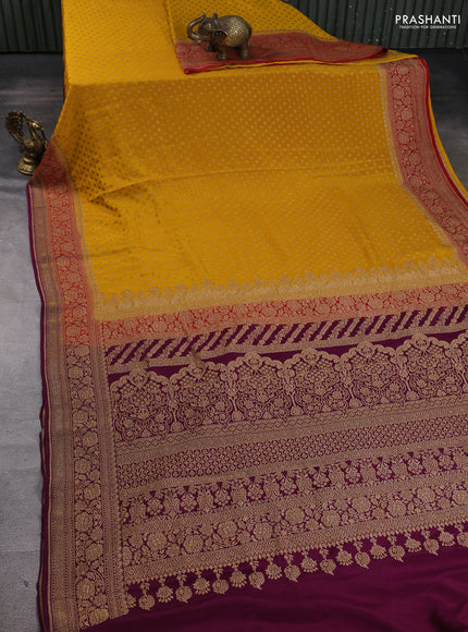 Banarasi crepe saree mustard yellow and purple with allover thread & zari woven buttas and woven border