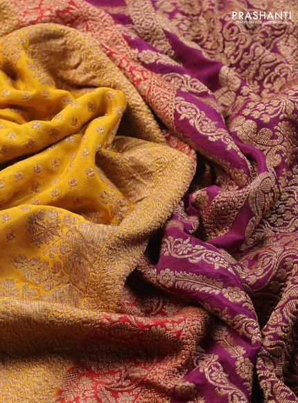 Banarasi crepe saree mustard yellow and purple with allover thread & zari woven buttas and woven border